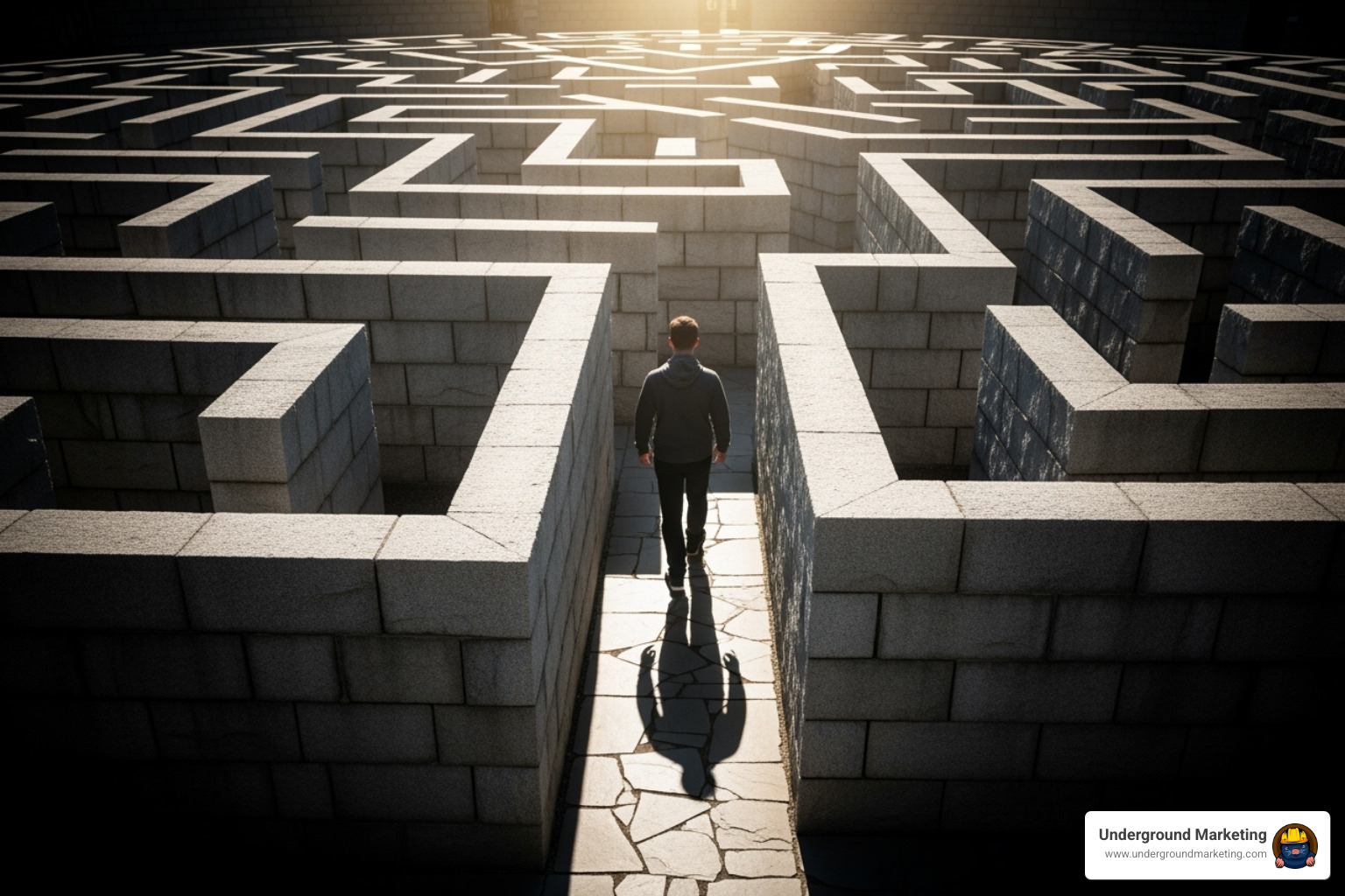 a person navigating a maze, representing overcoming challenges in a partnership - agency white label seo