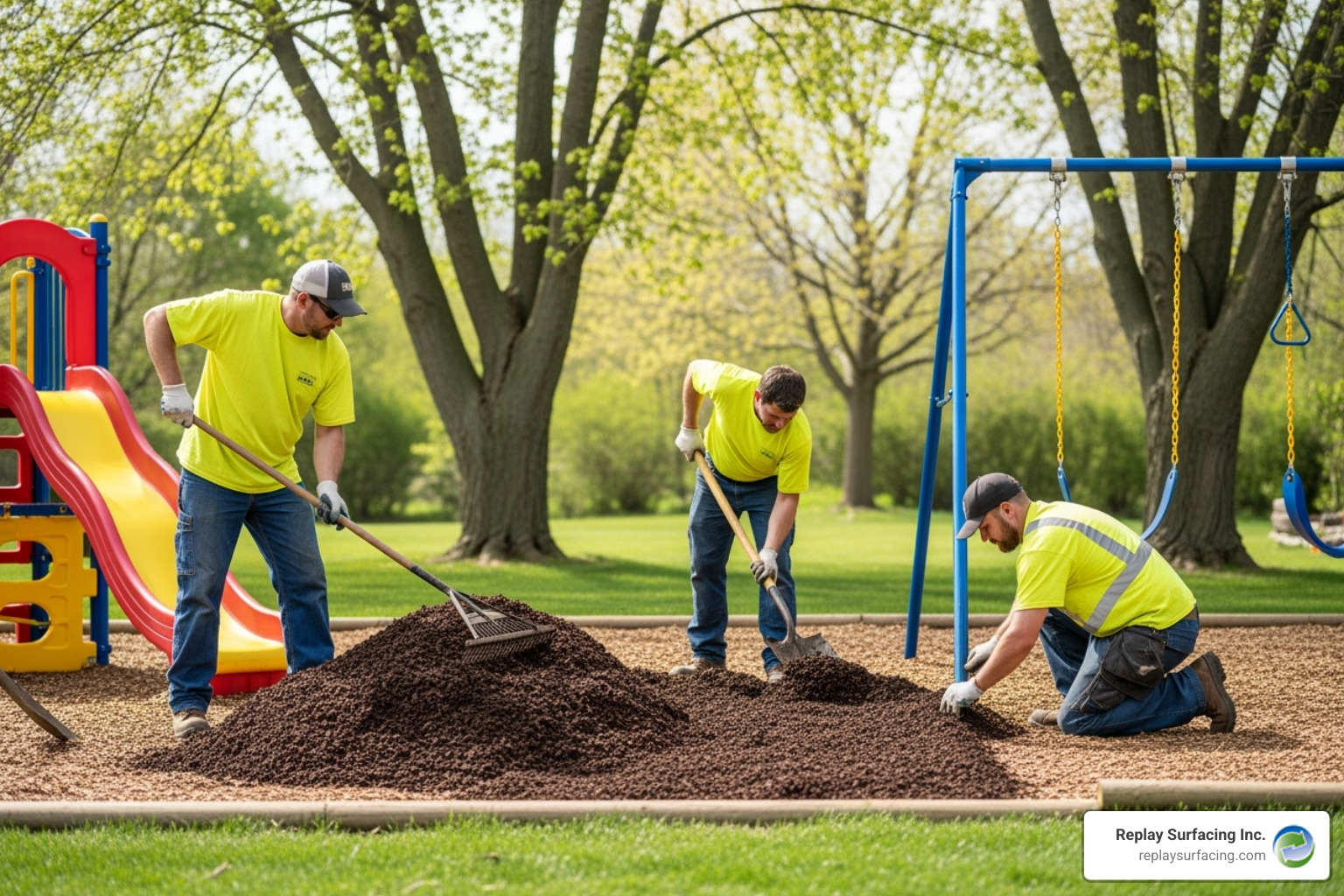 of a professional crew from Replay Surfacing Inc. installing rubber mulch in a backyard or playground in a service area - cost of rubber mulch per yard