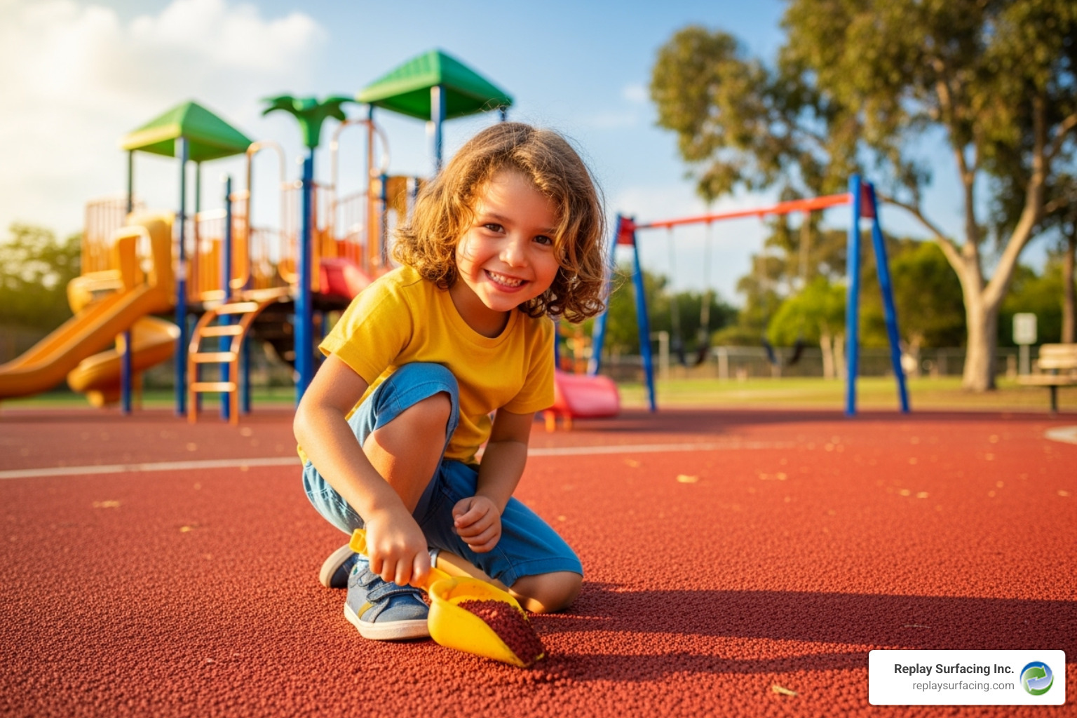 of a child safely playing on a rubber mulch surface in a local park - cost of rubber mulch per yard