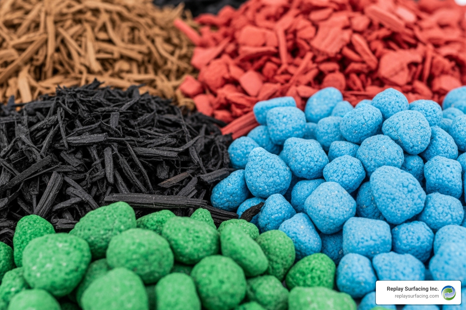 showing different types and colors of rubber mulch nuggets and shreds - cost of rubber mulch per yard