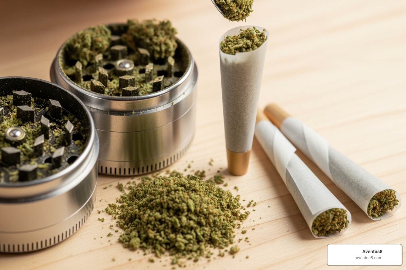 Cannabis flower being ground and packed into cones - thc a pre rolls