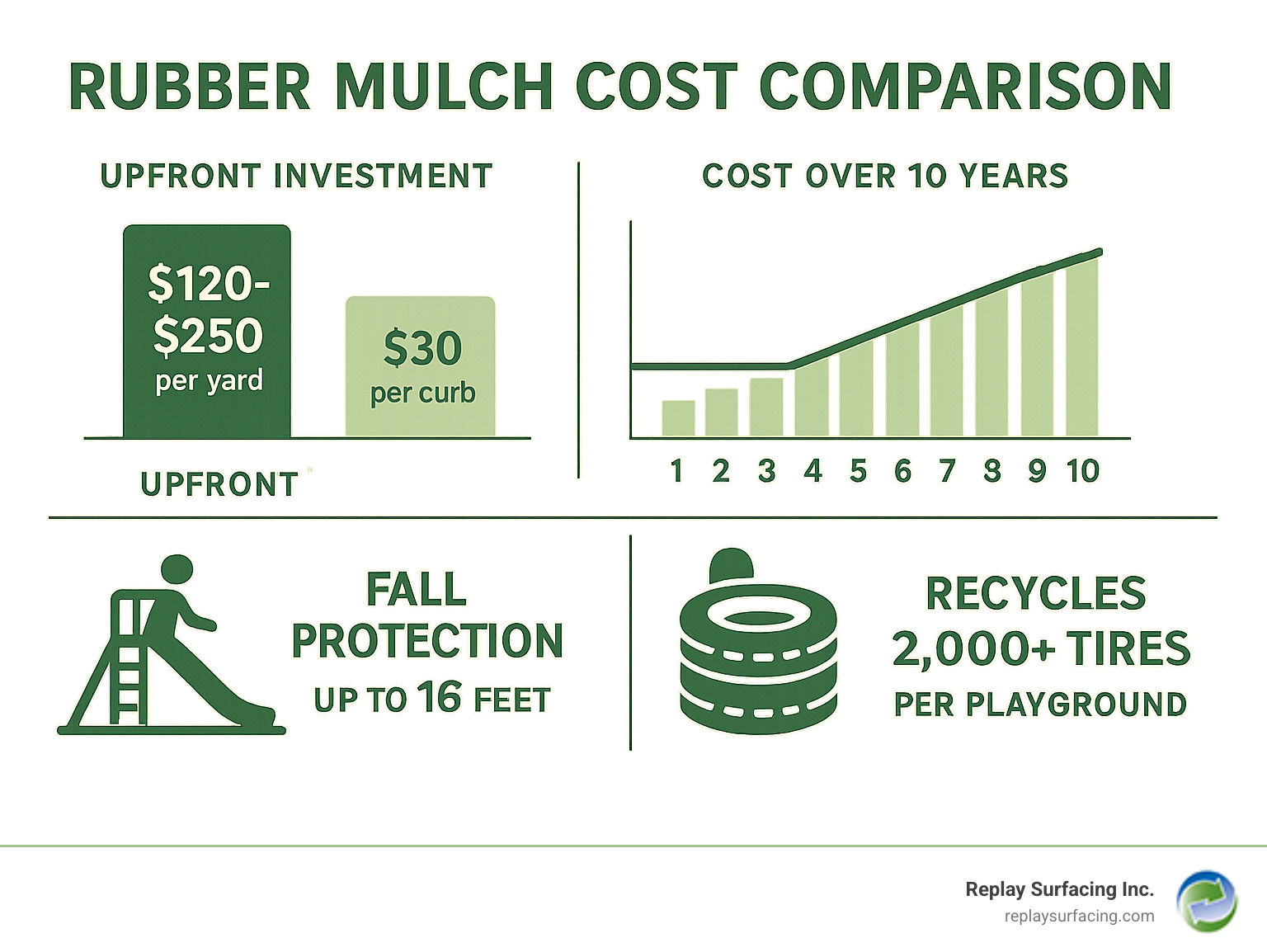 Infographic showing rubber mulch cost comparison: upfront investment of $120-250 per yard versus wood mulch replacement costs over 10 years, highlighting safety benefits with fall protection up to 16 feet, zero annual replacement needs, and environmental impact of recycling 2,000+ tires per playground - cost of rubber mulch per yard infographic 