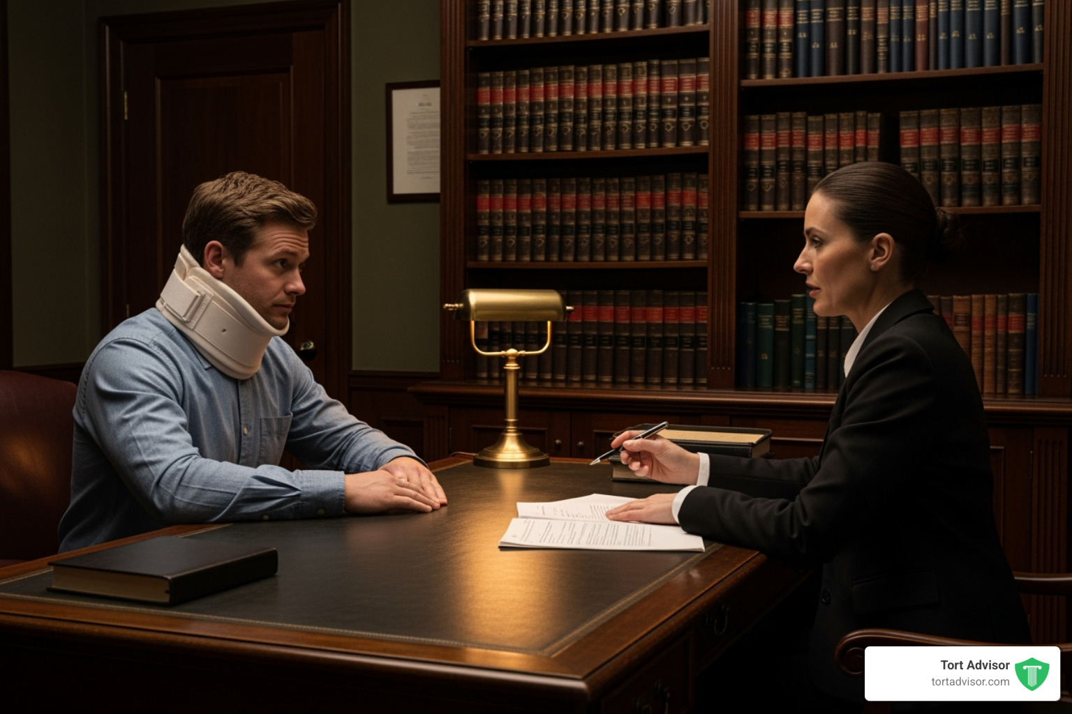 a person in a neck brace consulting with a lawyer - Los Angeles car crash attorney