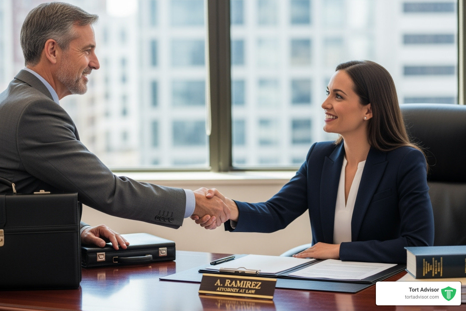 a client shaking hands with an attorney in an office - Los Angeles car crash attorney