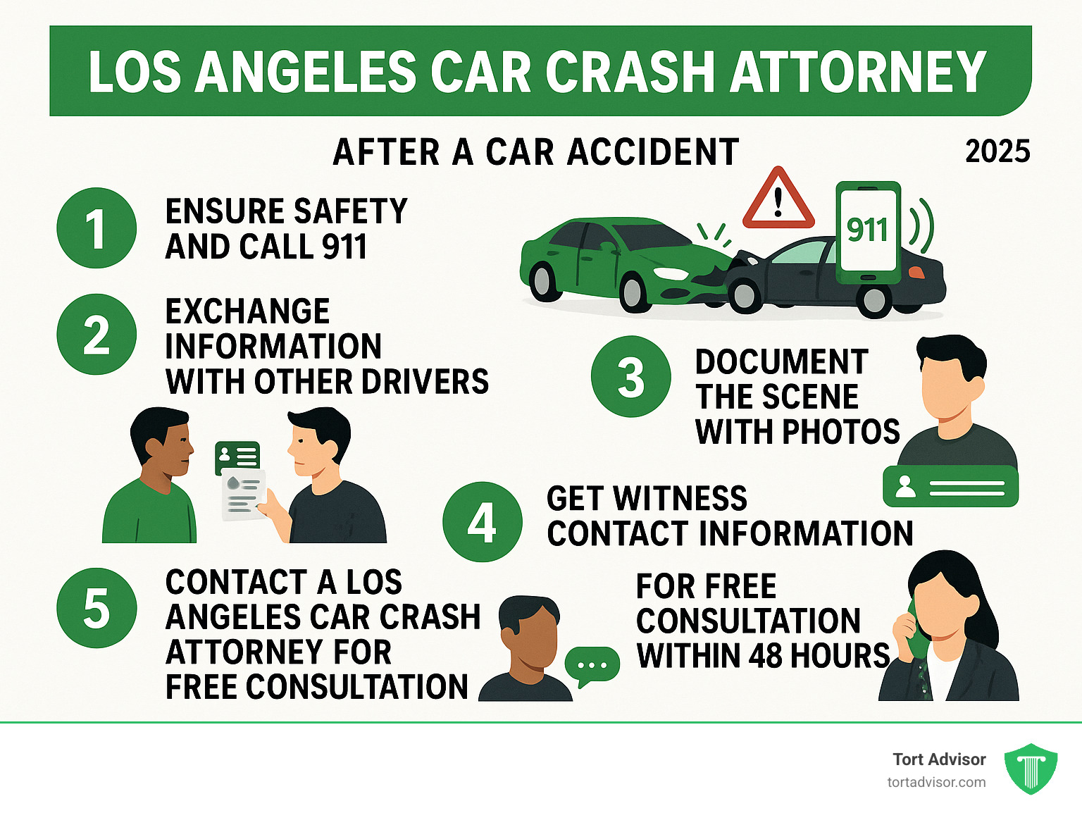 Infographic showing the 5 immediate steps after a Los Angeles car accident: 1) Ensure safety and call 911, 2) Exchange information with other drivers, 3) Document the scene with photos, 4) Get witness contact information, 5) Contact a Los Angeles car crash attorney for free consultation within 48 hours - Los Angeles car crash attorney infographic 