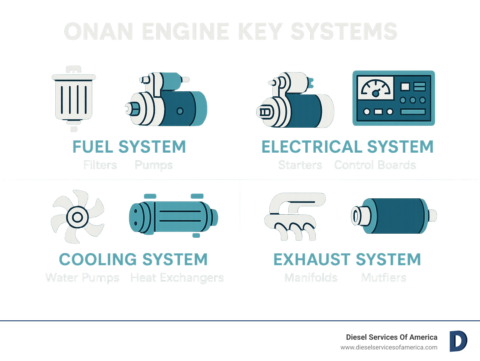 Infographic showing Onan engine key systems including fuel system with filters and pumps, electrical system with starters and control boards, cooling system with water pumps and heat exchangers, and exhaust system with manifolds and mufflers - onan engine parts near me infographic 