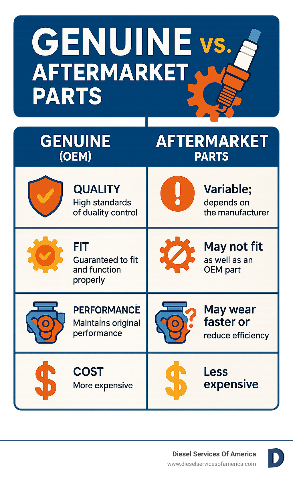 Infographic comparing Genuine vs. Aftermarket Parts - onan engine parts near me infographic 