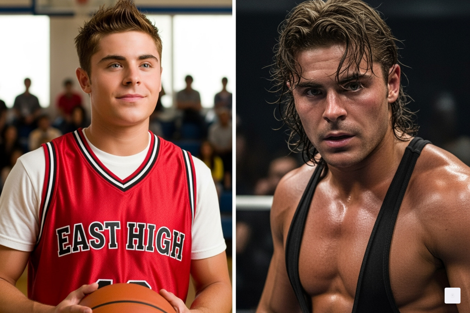 Image comparing a still from High School Musical to a still from The Iron Claw - Zac Efron 2025