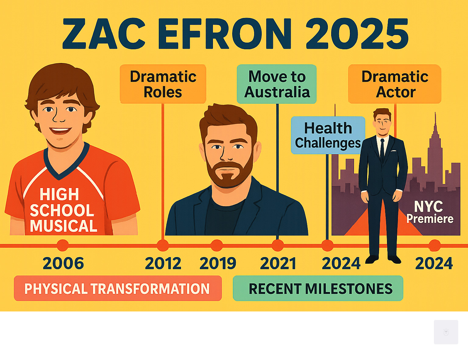 Infographic showing Zac Efron's career evolution from 2006 High School Musical Disney star to 2024 dramatic actor, featuring timeline of major roles, physical changes, personal milestones including move to Australia, health challenges overcome, and recent New York City premiere appearances - Zac Efron 2025 infographic 