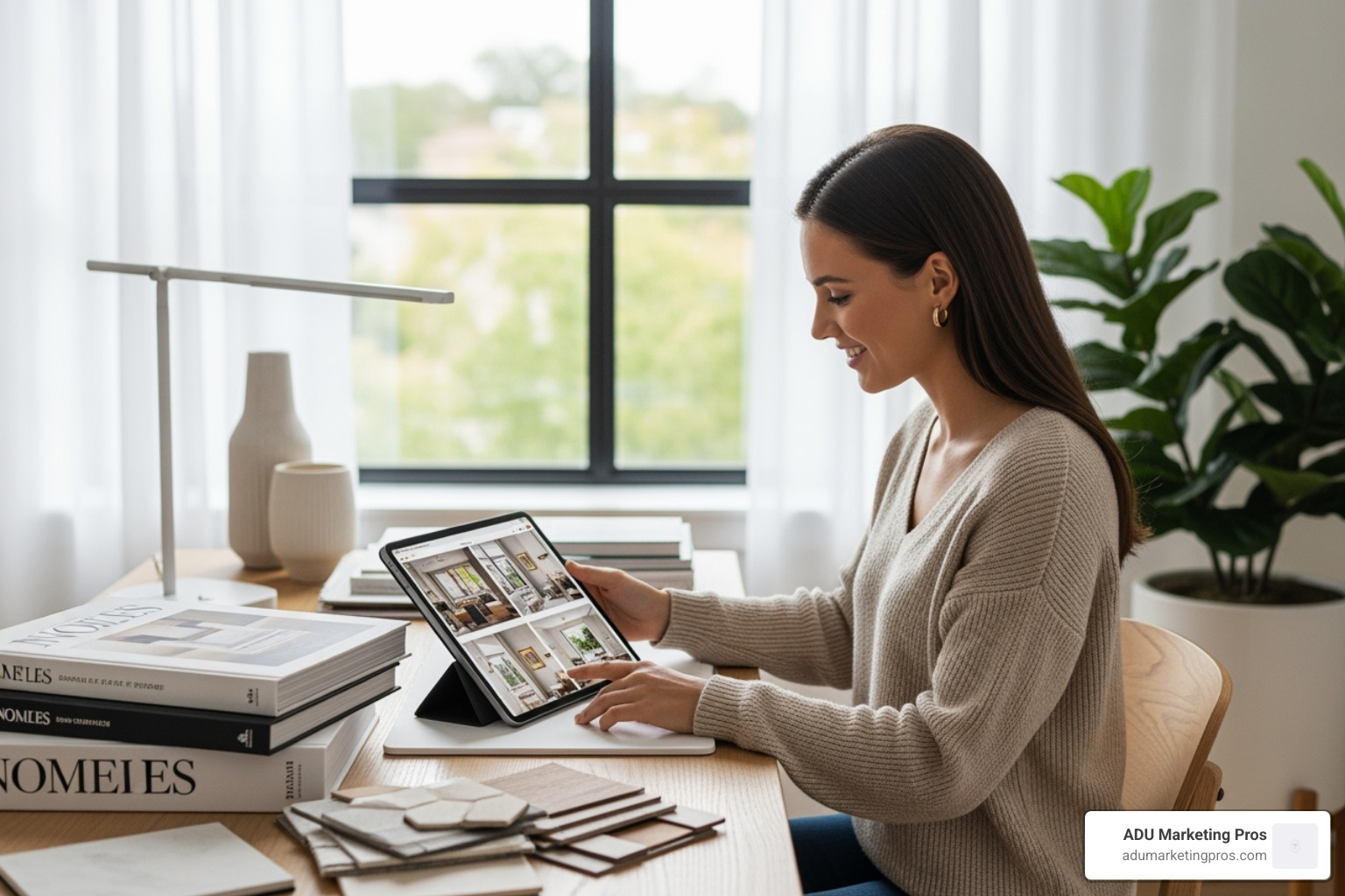 A person smiling as they browse a beautiful interior architect website on a tablet, seated in a stylish, well-lit workspace with design books and samples nearby - interior architect web design