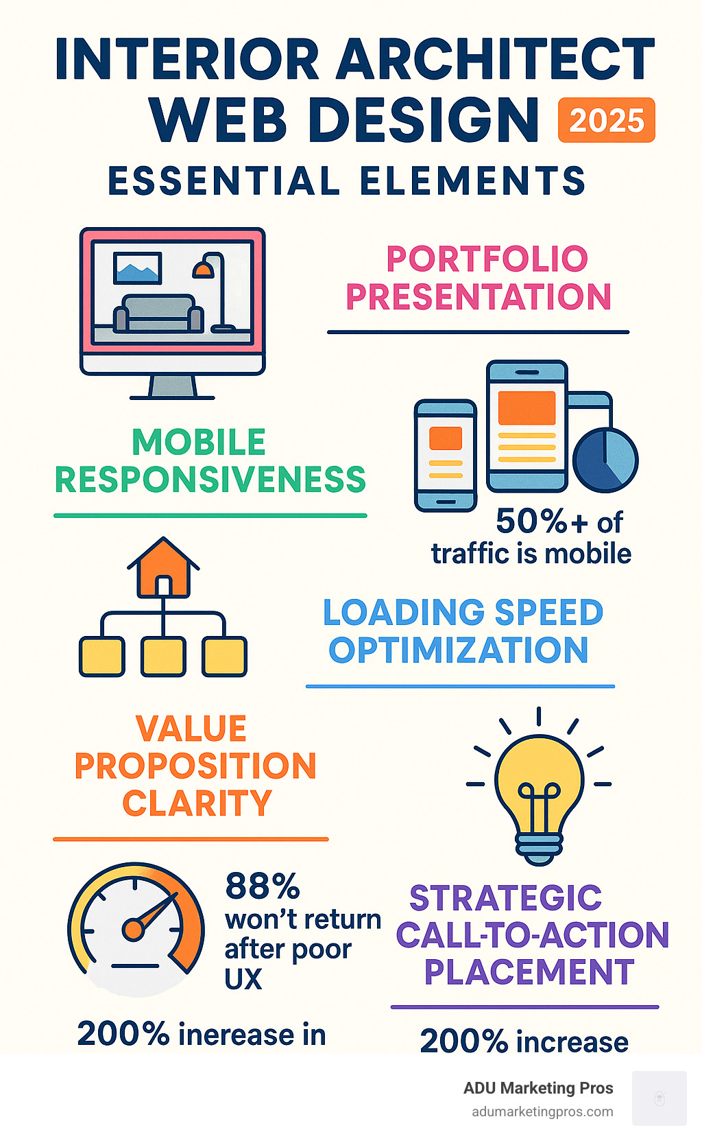 Interior architect web design essential elements infographic showing portfolio presentation, mobile responsiveness, navigation structure, loading speed optimization, value proposition clarity, and strategic call-to-action placement with statistics on lead generation and user experience impact - interior architect web design infographic 