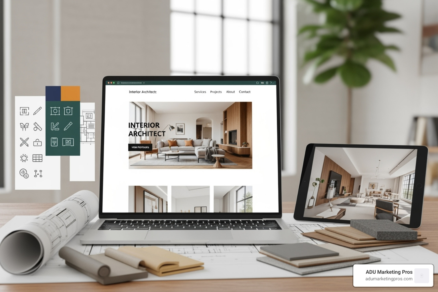 A full-screen project page from an interior architect's website, featuring a large hero image, neat typography, and a curated gallery of project images - interior architect web design