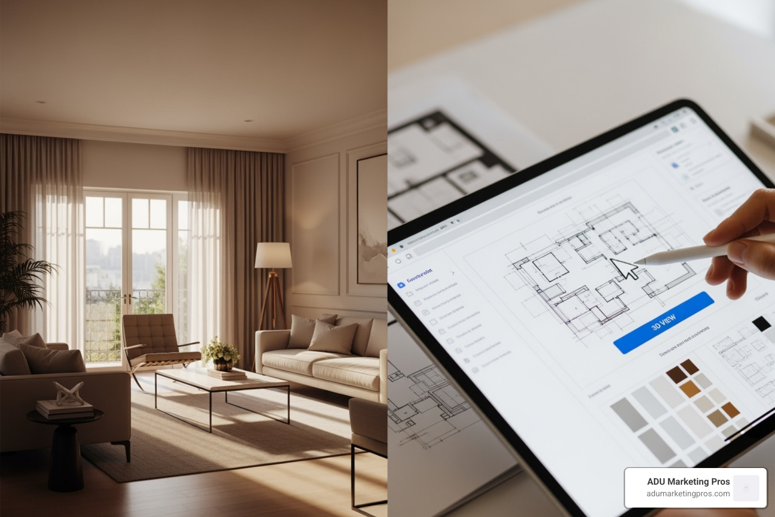 A screenshot of a website with excellent UX&mdash;clear navigation, ample white space, and compelling calls-to-action&mdash;displayed on a desktop and mobile device - interior architect web design