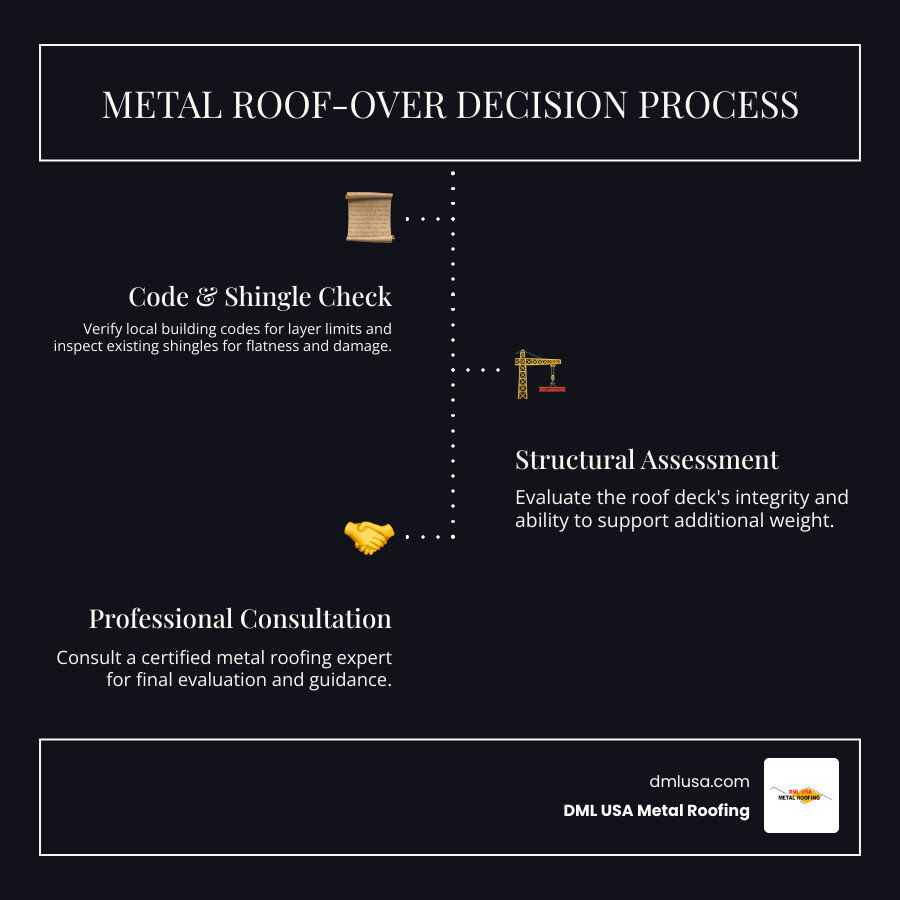 Infographic showing 4-step decision process: 1. Check local building codes for layer limits, 2. Inspect existing shingles for damage and flatness, 3. Assess roof deck structural integrity, 4. Consult certified metal roofing professional for final evaluation - can you put metal roof directly on top of shingles infographic infographic-line-3-steps-dark