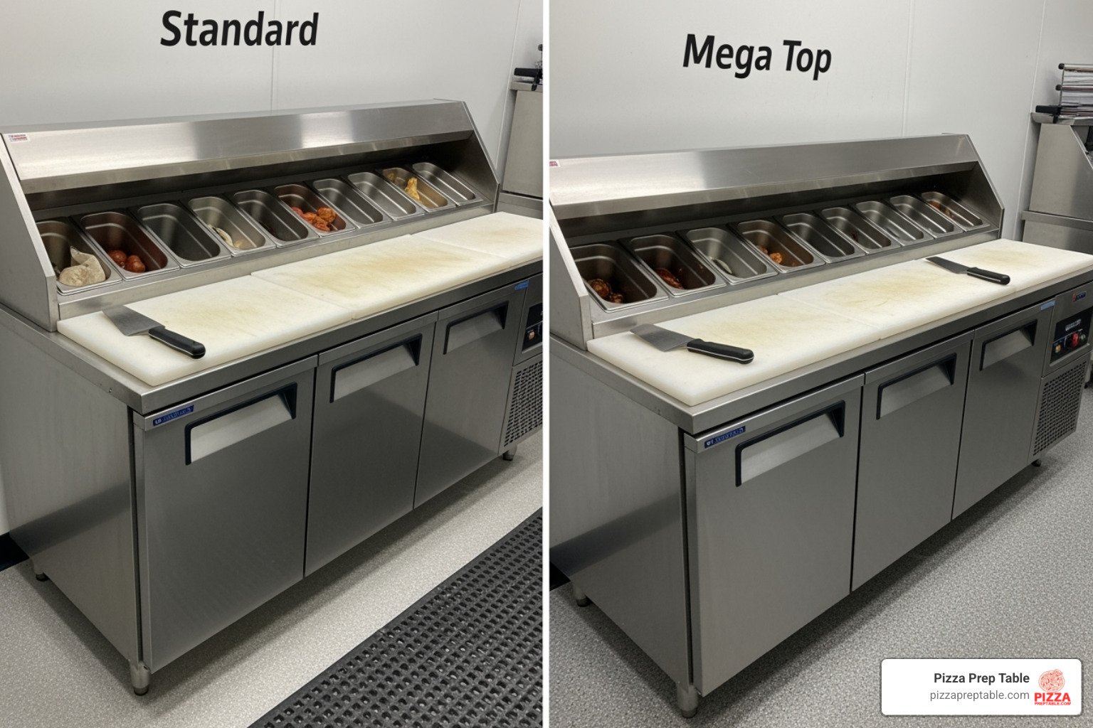 Standard vs. Mega Top pizza prep table comparison - pizza make table for sale Standard vs. Mega Top pizza prep table comparison - pizza make table for sale