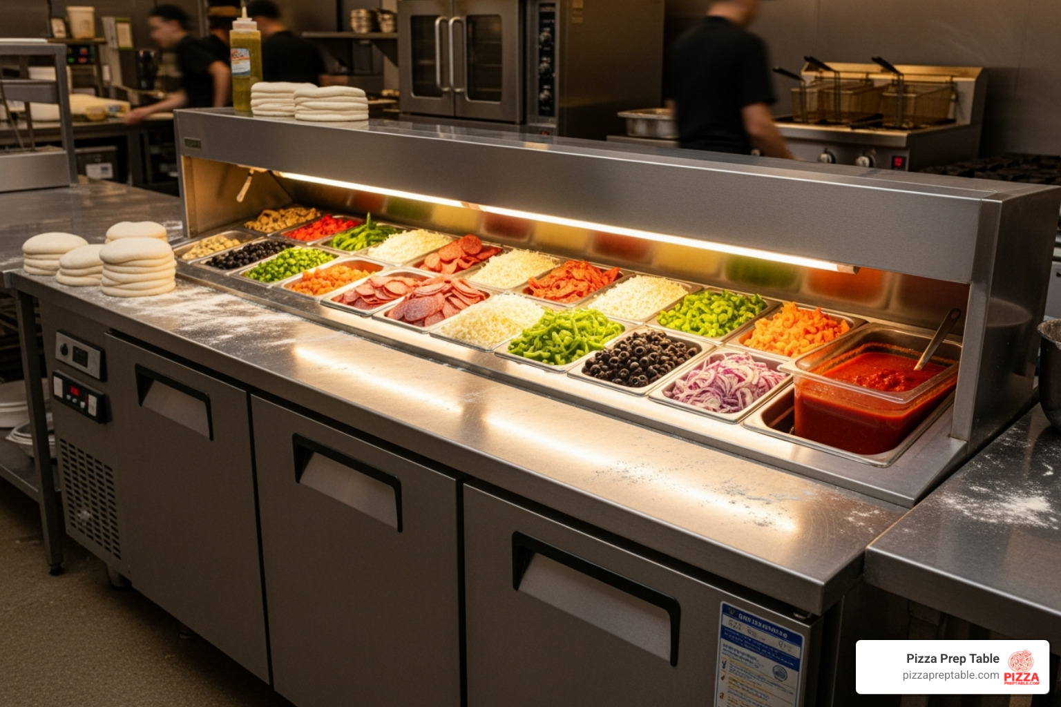 large, three-door pizza prep table in a busy commercial kitchen - pizza make table for sale large, three-door pizza prep table in a busy commercial kitchen - pizza make table for sale
