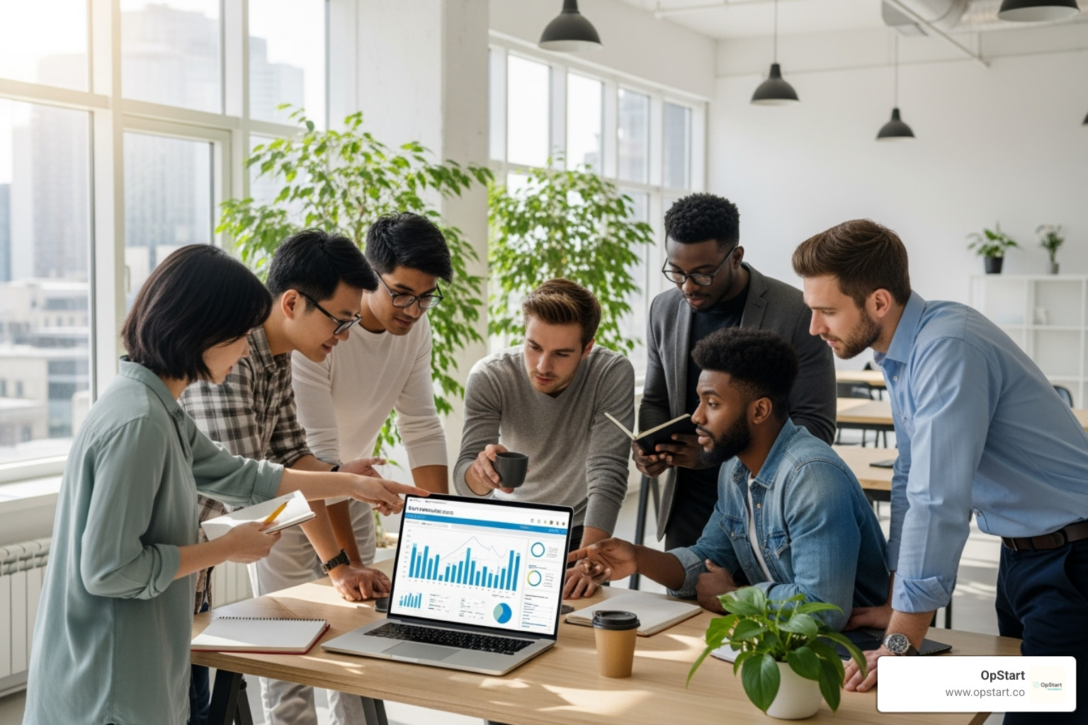 A startup team collaborating around a laptop, which displays financial software with charts and graphs - best business credit cards