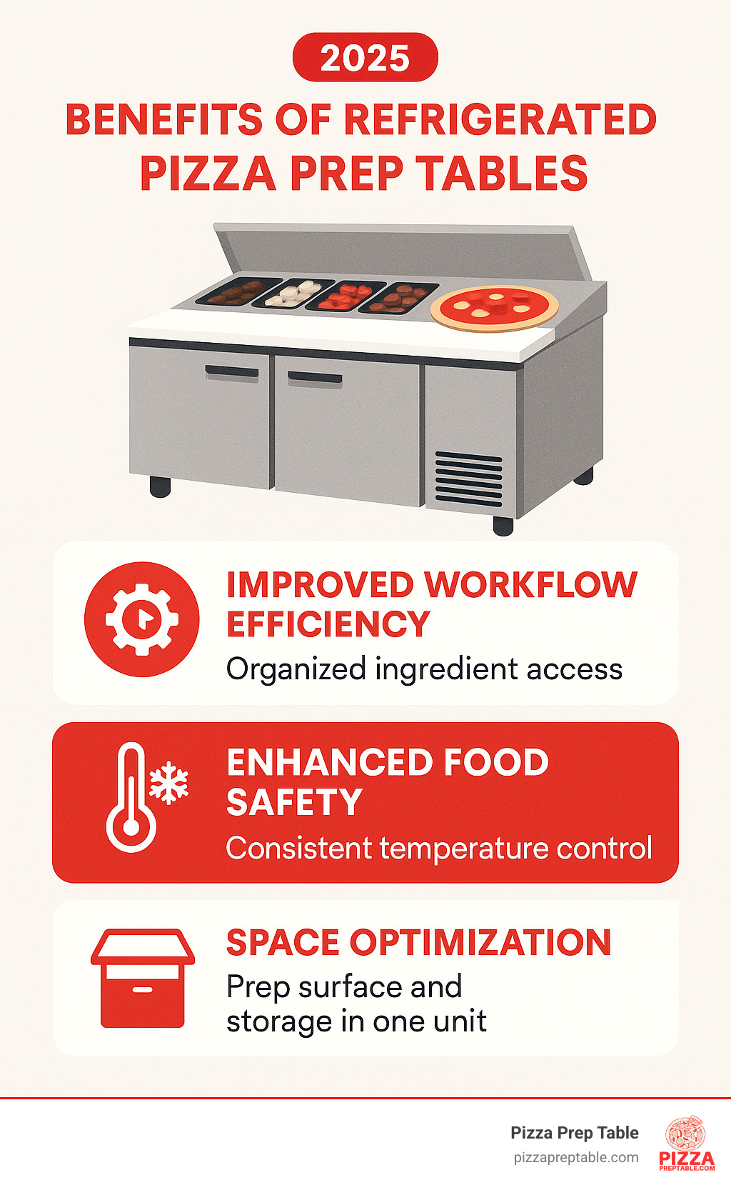 Infographic showing the three key benefits of refrigerated pizza prep tables: improved workflow efficiency with organized ingredient access, improved food safety through consistent temperature control, and space optimization by combining prep surface with refrigerated storage in one compact unit - pizza make table for sale infographic  Infographic showing the three key benefits of refrigerated pizza prep tables: improved workflow efficiency with organized ingredient access, improved food safety through consistent temperature control, and space optimization by combining prep surface with refrigerated storage in one compact unit - pizza make table for sale infographic
