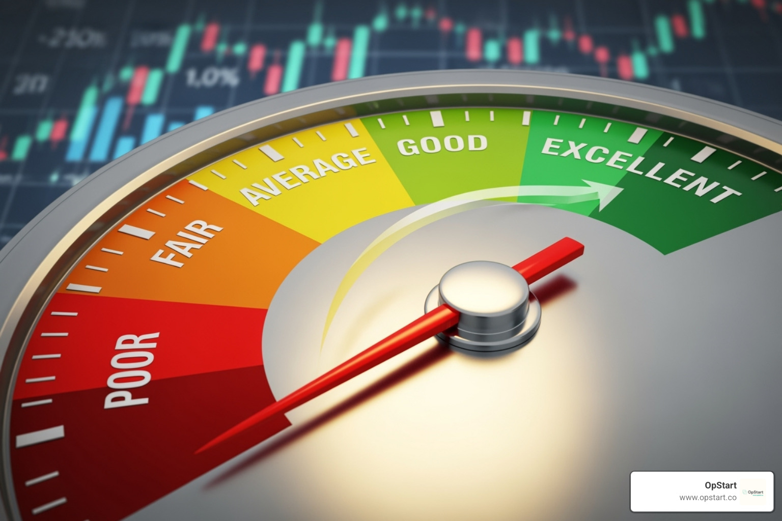 Credit score gauge moving from "Fair" to "Good" - best business credit cards for new businesses