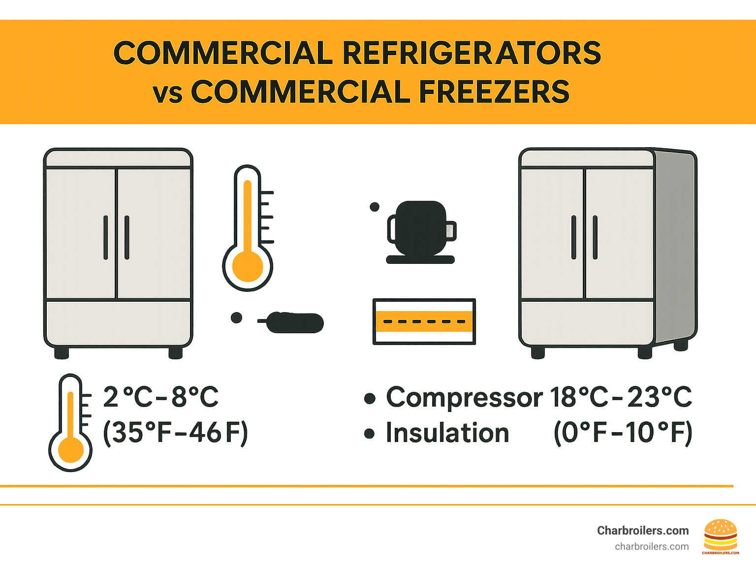 table comparing commercial refrigerators vs. commercial freezers - are commercial refrigerators also freezers infographic 