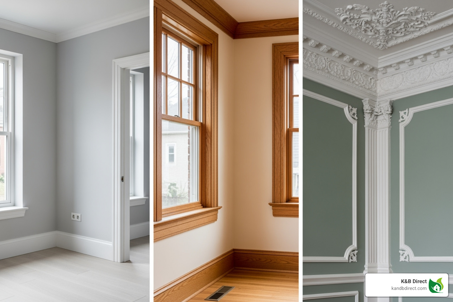 Different room styles (Modern, Craftsman, Traditional) with appropriate moulding - wood moulding