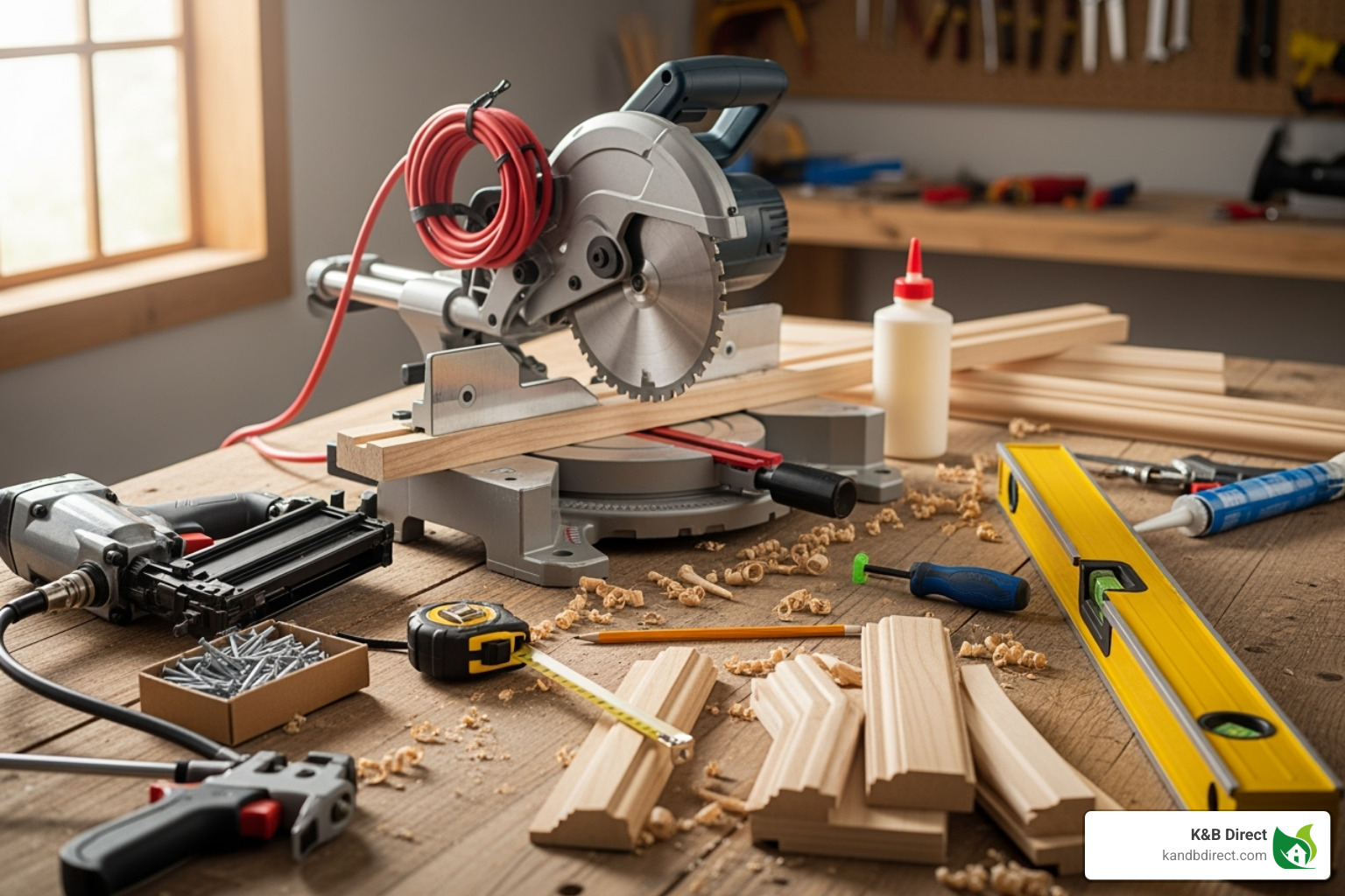 Essential tools for moulding installation like a miter saw, nail gun, and level - wood moulding