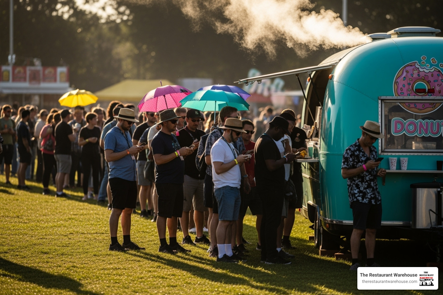 Image of a long line of customers at a donut trailer during a sunny festival - donut concession trailer Image of a long line of customers at a donut trailer during a sunny festival - donut concession trailer