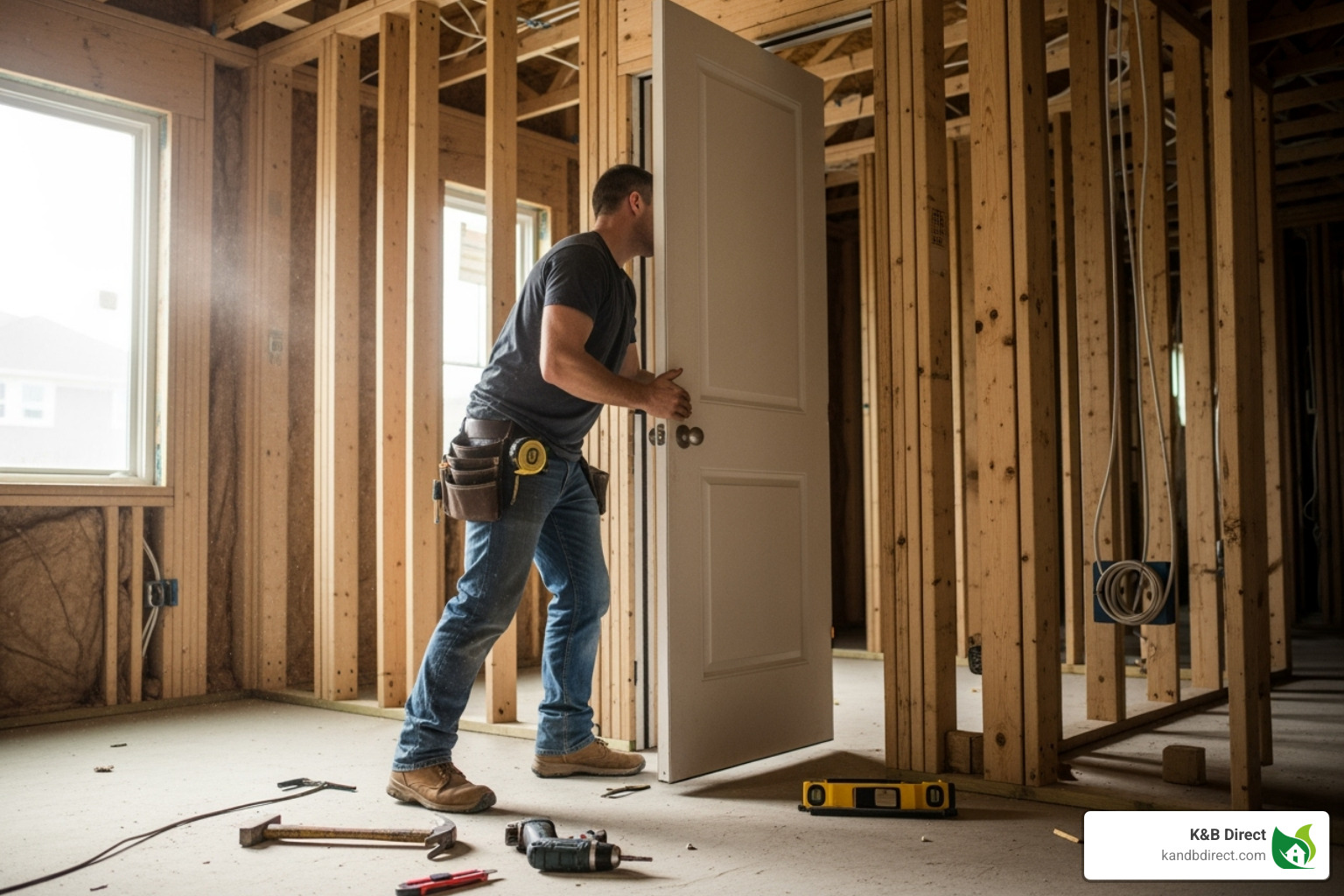 A person easily setting a pre-hung door into a rough opening - pre hung doors