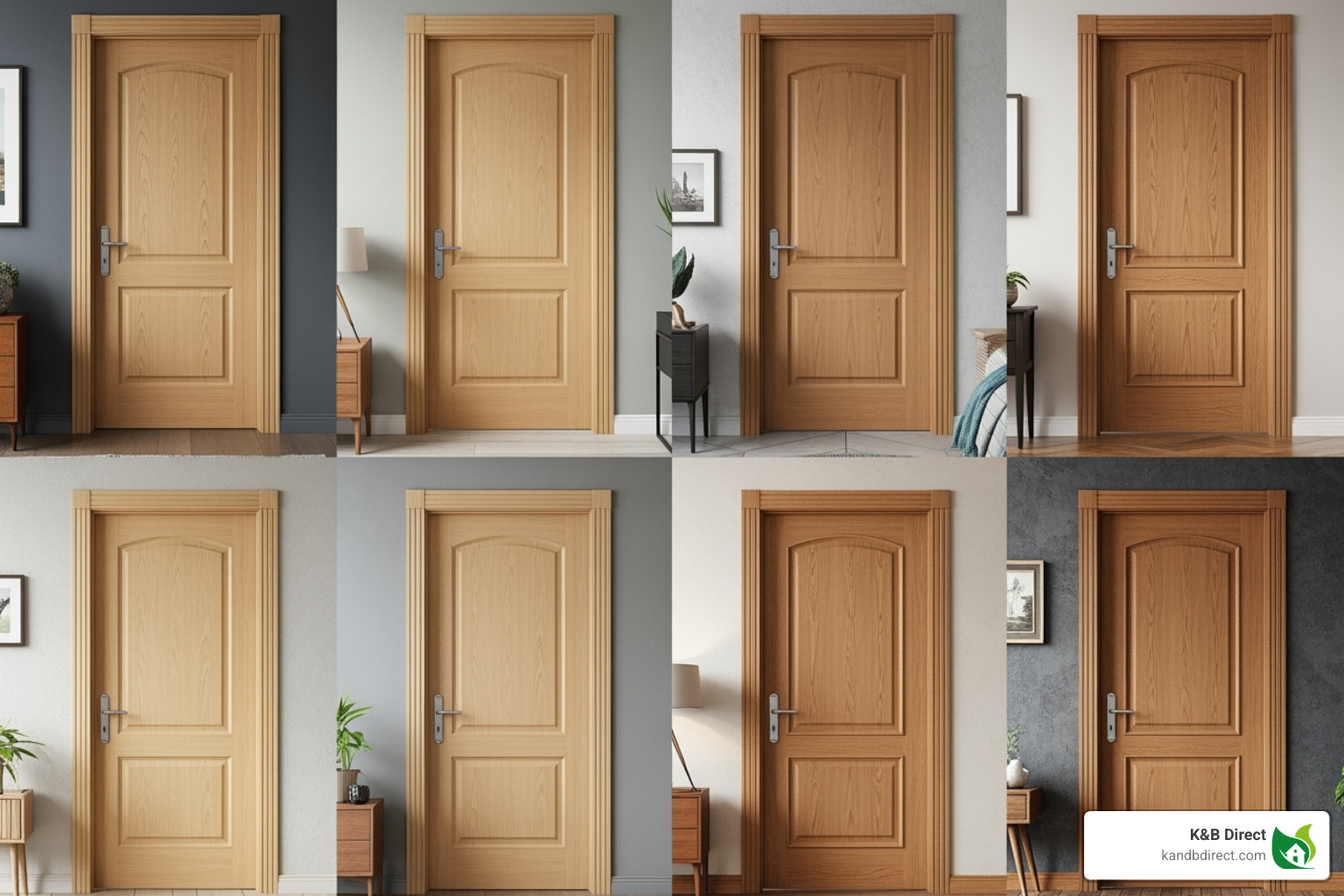 A variety of pre-hung door styles like shaker, panel, and flush in different room settings - pre hung doors