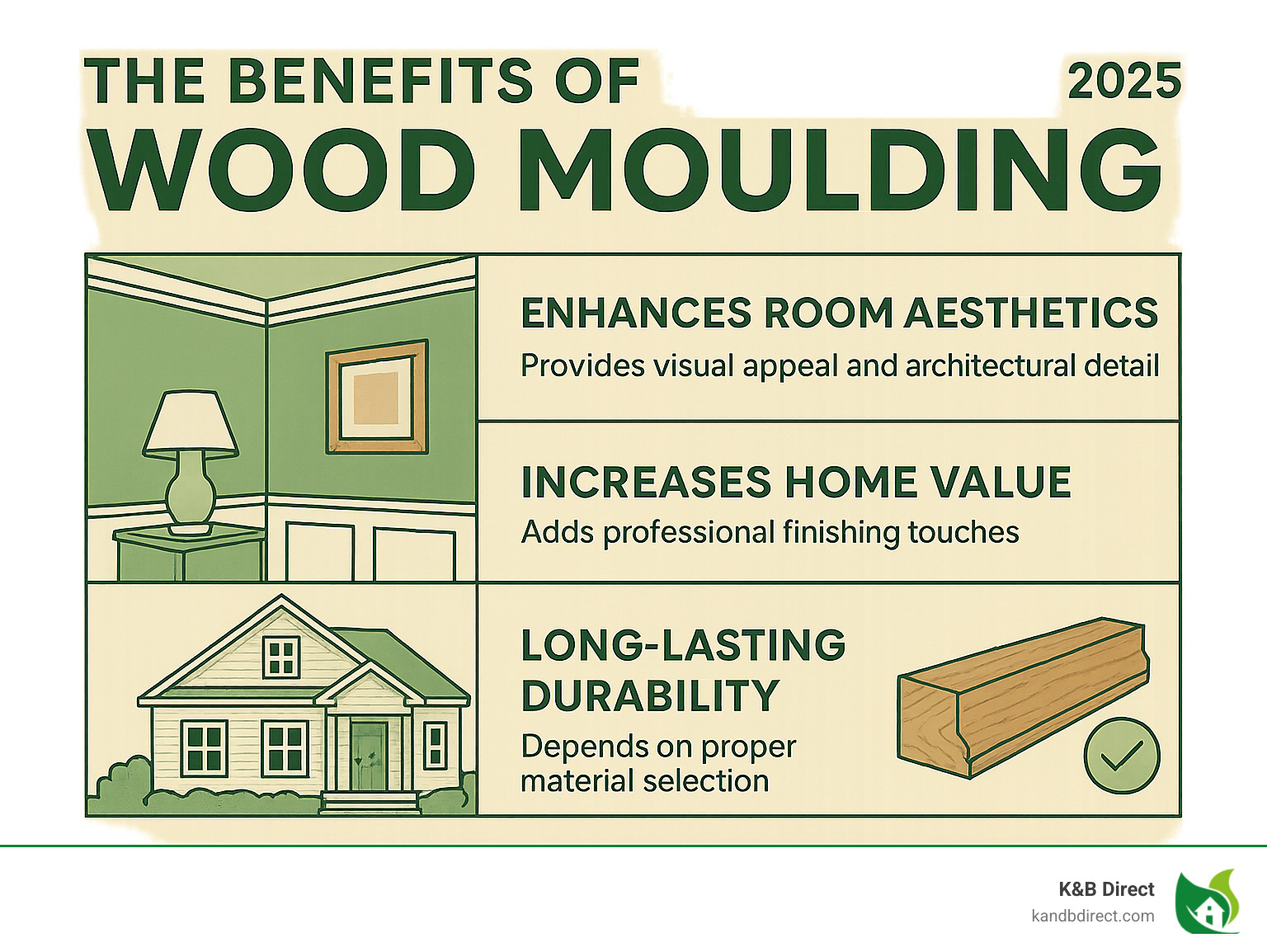 Infographic showing the top 3 benefits of wood moulding: enhancing room aesthetics with visual appeal and architectural detail, increasing home value through professional finishing touches, and providing long-lasting durability with proper material selection - wood moulding infographic 
