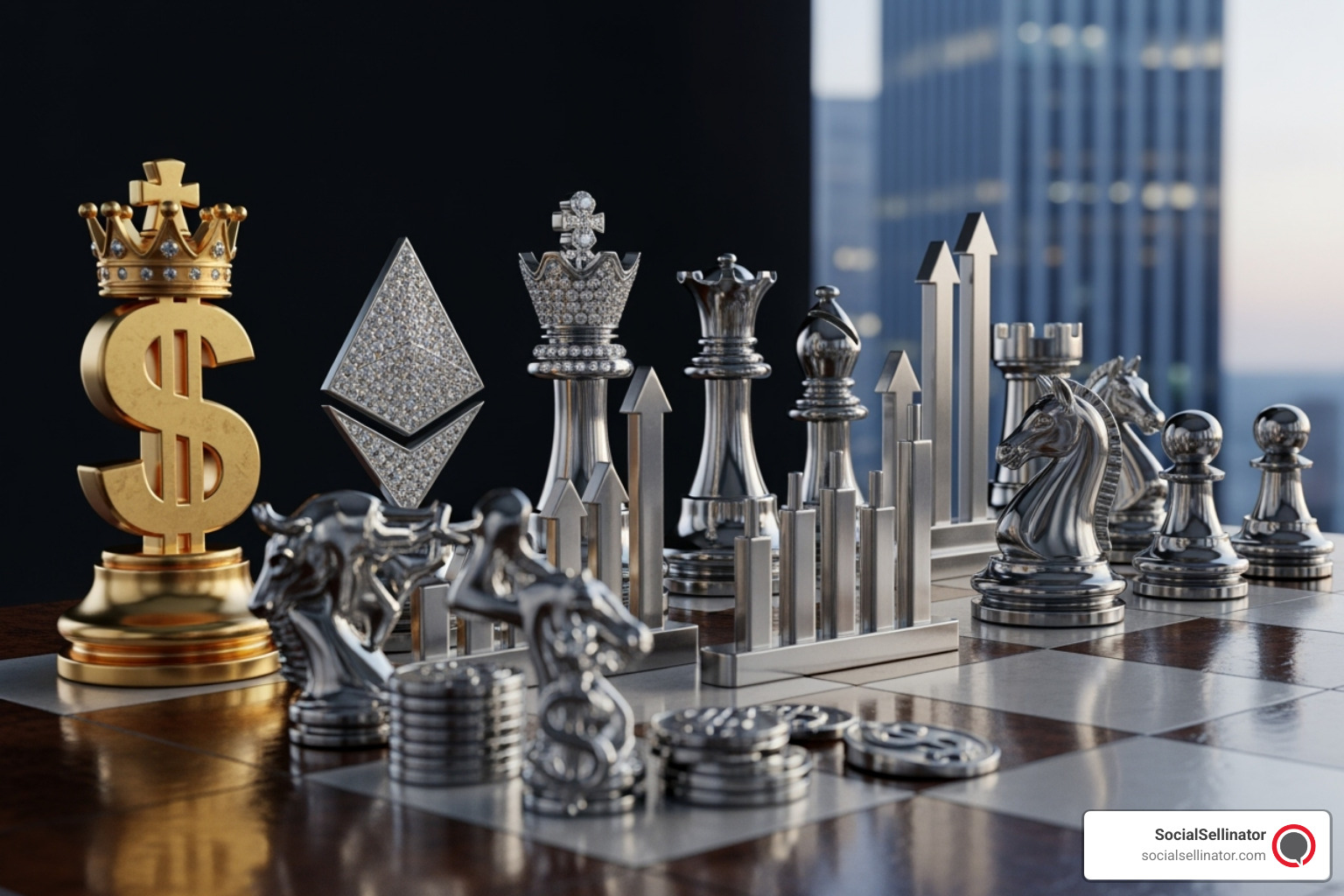 A chess board with financial icons representing strategic moves in fintech marketing - fintech content agency