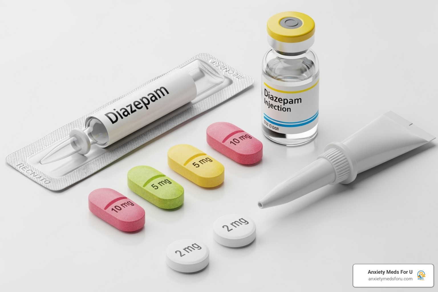 Different forms of diazepam medication including oral tablets, a vial for injection, and a rectal tube - diazepam how long before it works