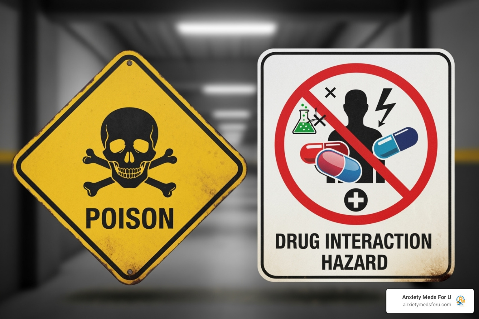 A graphic illustrating two warning signs, one with a skull and crossbones and another indicating drug interactions, emphasizing caution - diazepam how long before it works