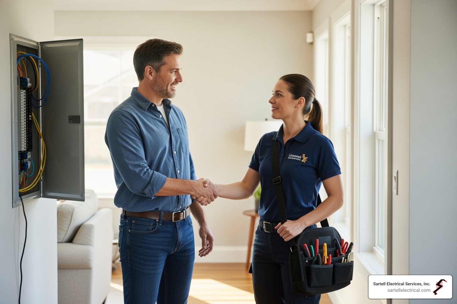 homeowner shaking hands with a licensed electrician - electric repair company near me homeowner shaking hands with a licensed electrician - electric repair company near me