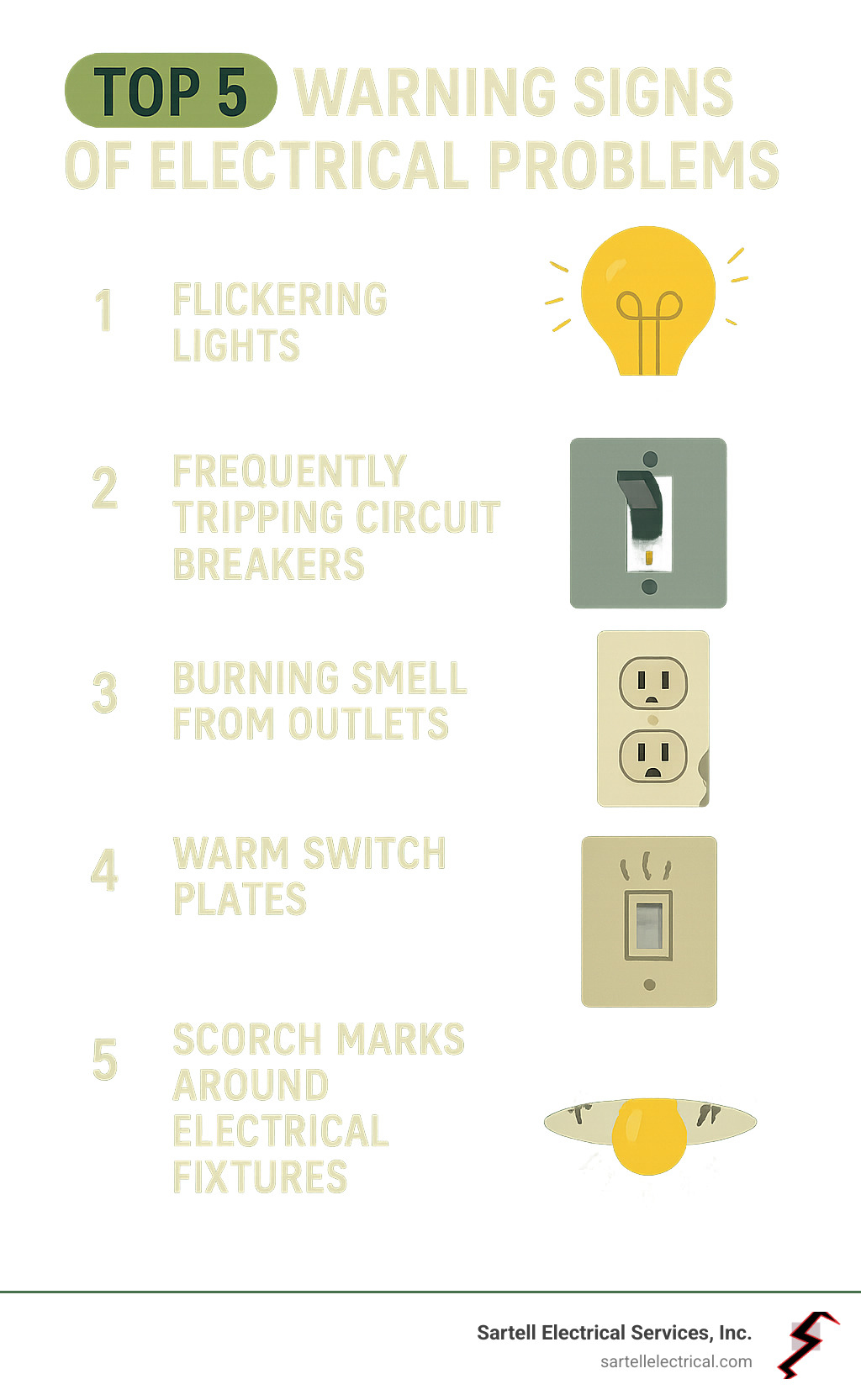 Infographic showing the top 5 warning signs of electrical problems: flickering lights, frequently tripping circuit breakers, burning smells from outlets, warm switch plates, and scorch marks around electrical fixtures - electric repair company near me infographic Infographic showing the top 5 warning signs of electrical problems: flickering lights, frequently tripping circuit breakers, burning smells from outlets, warm switch plates, and scorch marks around electrical fixtures - electric repair company near me infographic