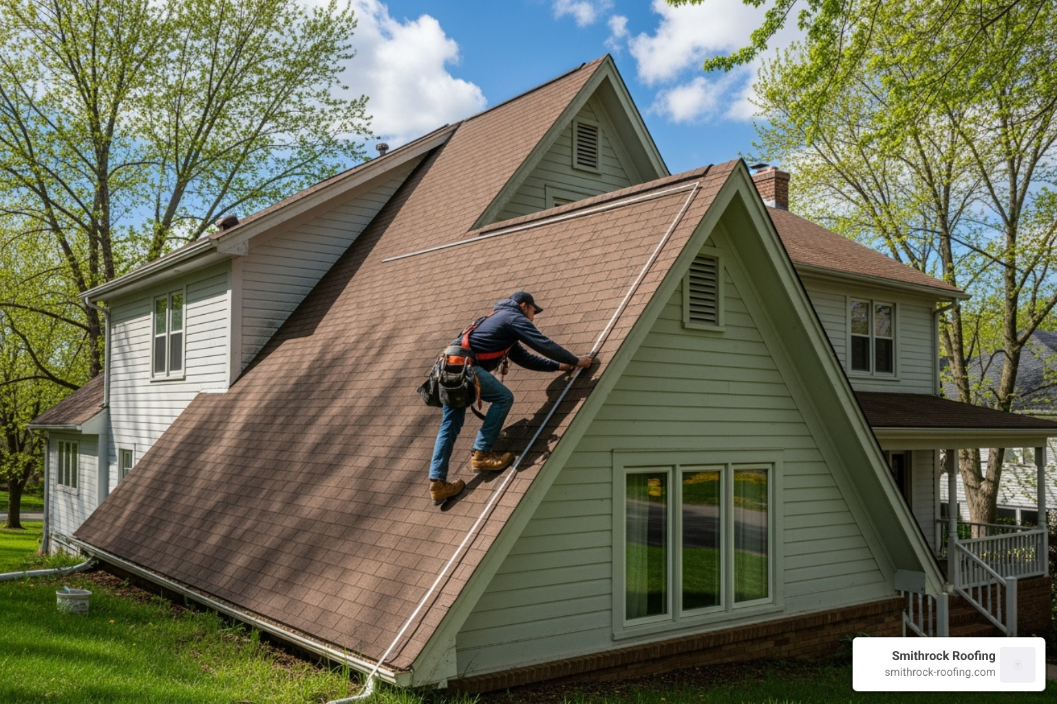 roofer measuring a steep-pitched roof - roof repair cost