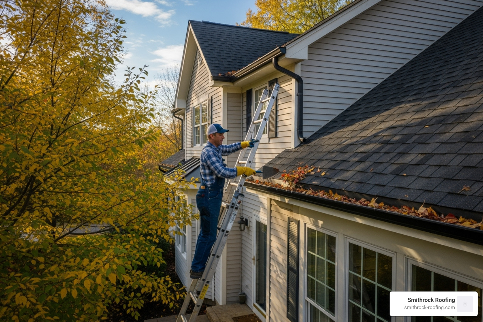 homeowner cleaning gutters safely - roof repair cost