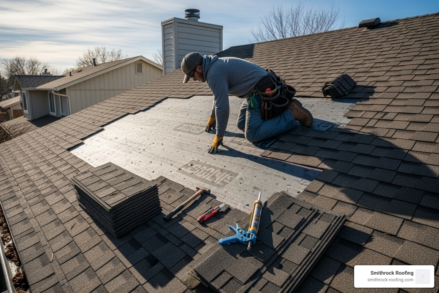roofer carefully replacing shingles - roof repair cost