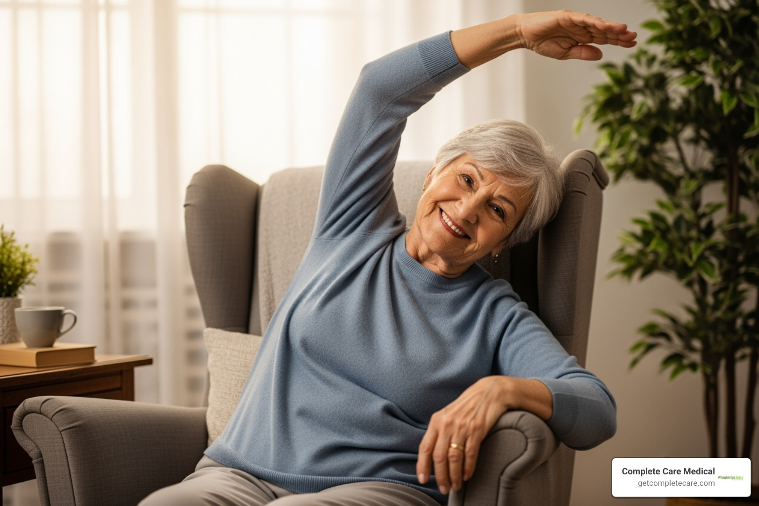 A senior person smiling while doing gentle stretches in a chair at home - How to Stay Active and Safe with Limited Mobility, Tips for catheter users or post-surgery patients managing mobility challenges.