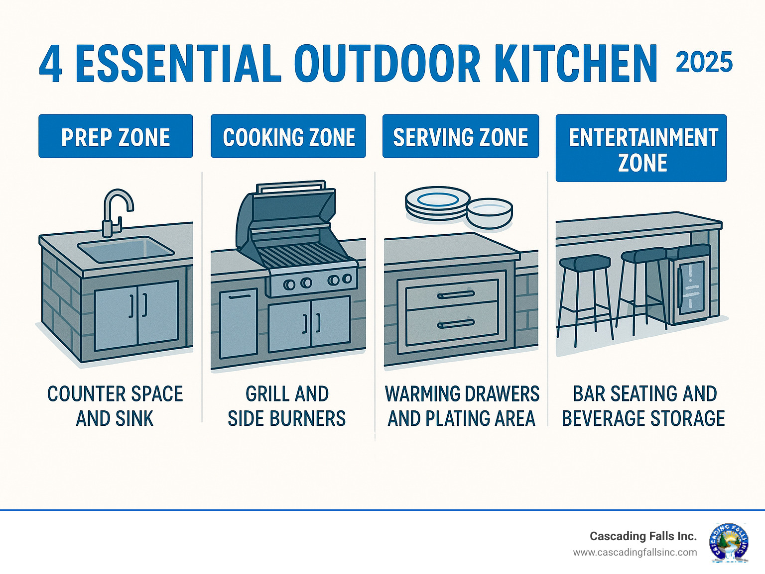 Infographic showing the 4 essential outdoor kitchen zones: Prep Zone with counter space and sink, Cooking Zone with grill and side burners, Serving Zone with warming drawers and plating area, and Entertainment Zone with bar seating and beverage storage - custom build outdoor kitchen infographic 