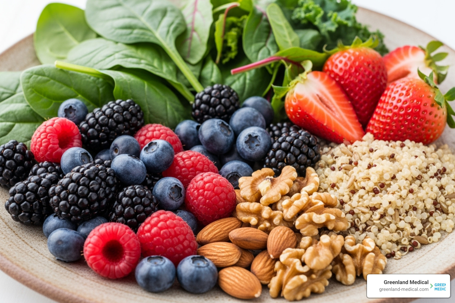 A colorful plate of MIND diet foods, including berries, leafy greens, nuts, and whole grains - natural remedies for dementia