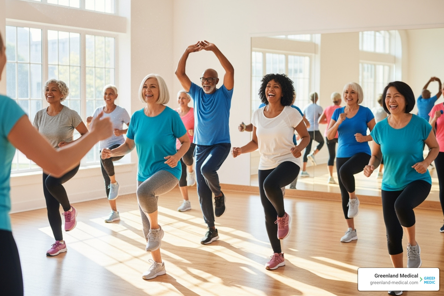 Seniors participating in a group exercise class, laughing and moving together - natural remedies for dementia