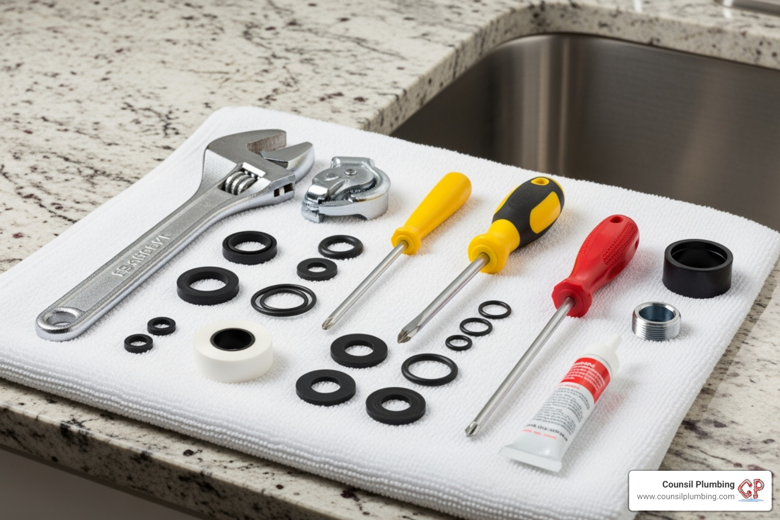 tools and materials laid out on a towel next to a sink - leaky faucet repair tools and materials laid out on a towel next to a sink - leaky faucet repair