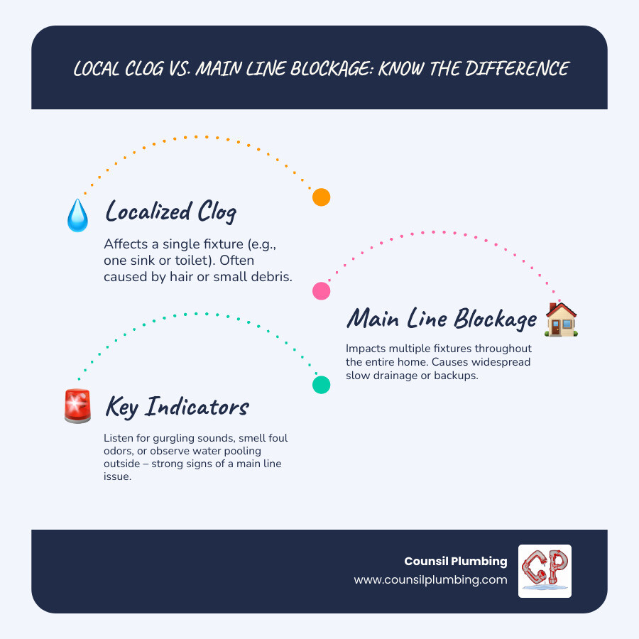 Detailed infographic showing the difference between branch line clogs affecting single fixtures versus main sewer line blockages affecting multiple drains, with visual representation of home plumbing system including main trunk line, branch connections, and flow direction to city sewer - main line blockage infographic infographic-line-3-steps-blues-accent_colors