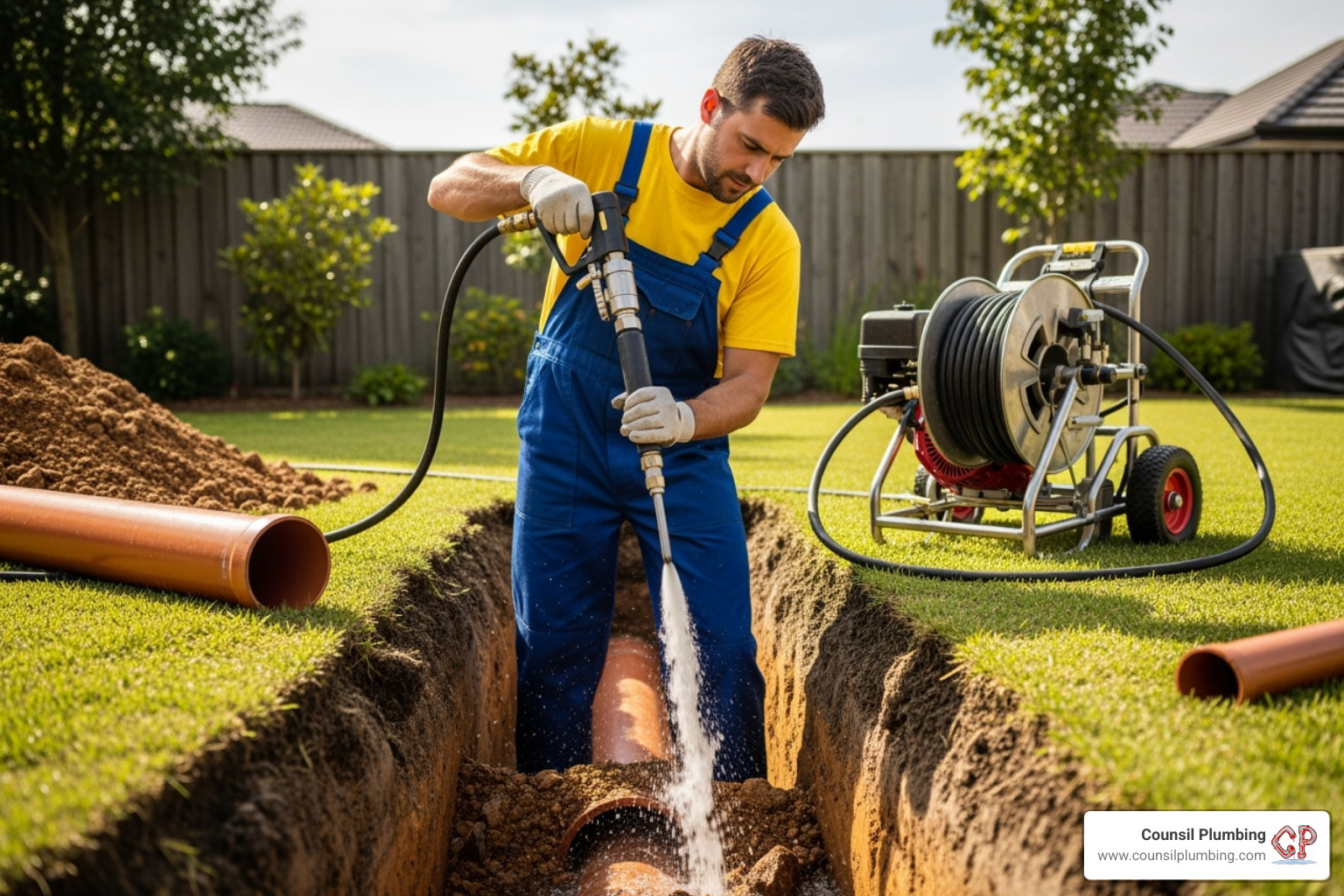 plumber using a hydro-jetting tool - main line blockage