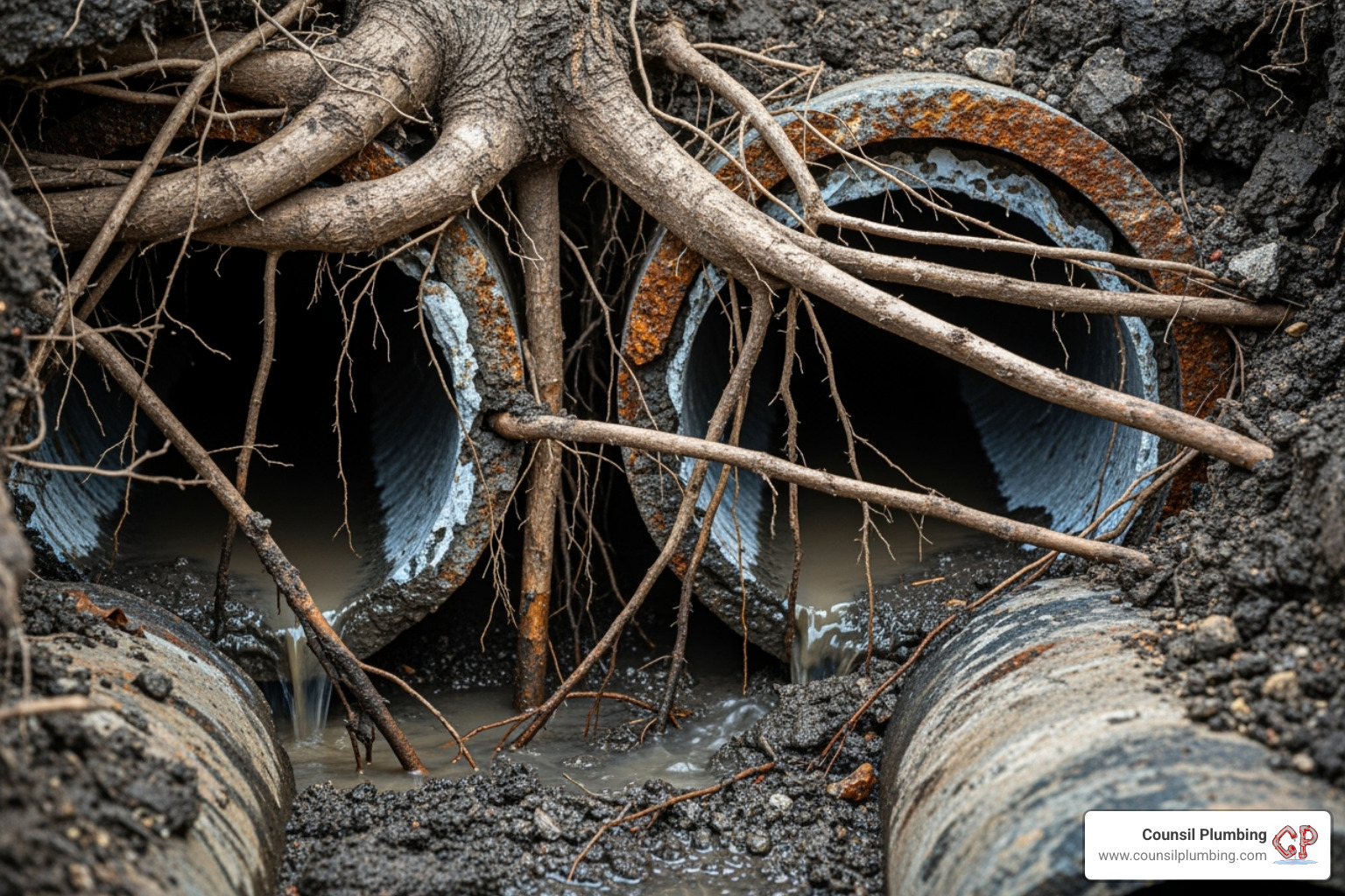 tree roots growing into a sewer pipe section - main line blockage