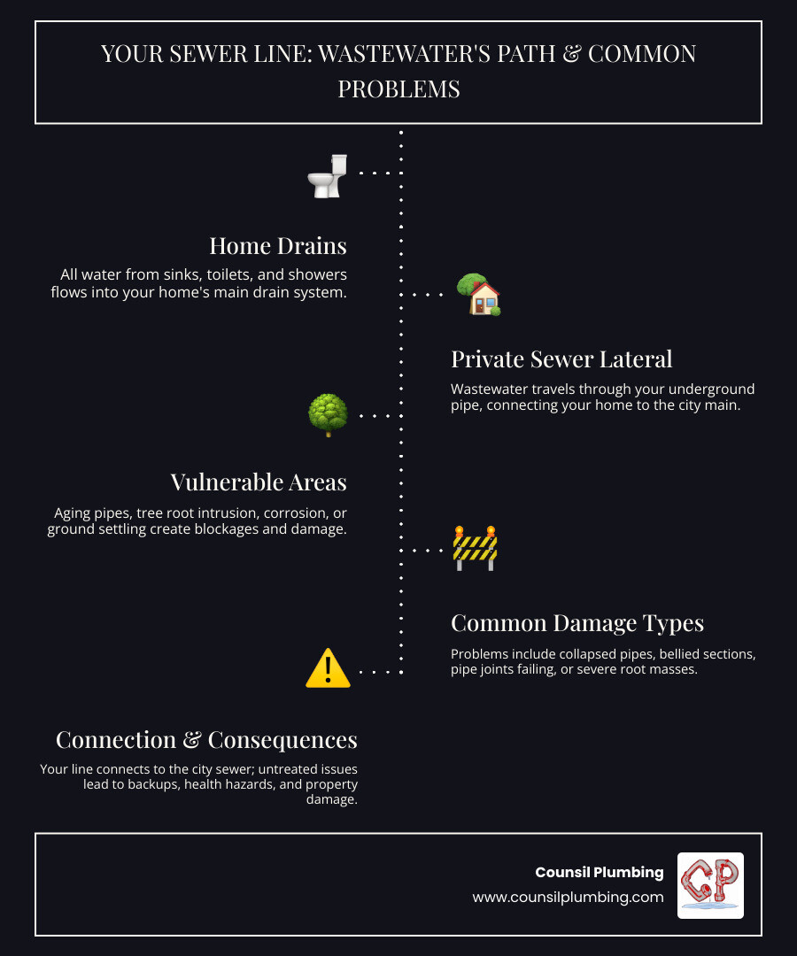 Comprehensive infographic showing the path of wastewater from home drains through the sewer line to the city main, including common problem areas like root intrusion points, pipe joints, and areas prone to bellying or collapse - sewer line repair Los Gatos infographic infographic-line-5-steps-dark Comprehensive infographic showing the path of wastewater from home drains through the sewer line to the city main, including common problem areas like root intrusion points, pipe joints, and areas prone to bellying or collapse - sewer line repair Los Gatos infographic infographic-line-5-steps-dark
