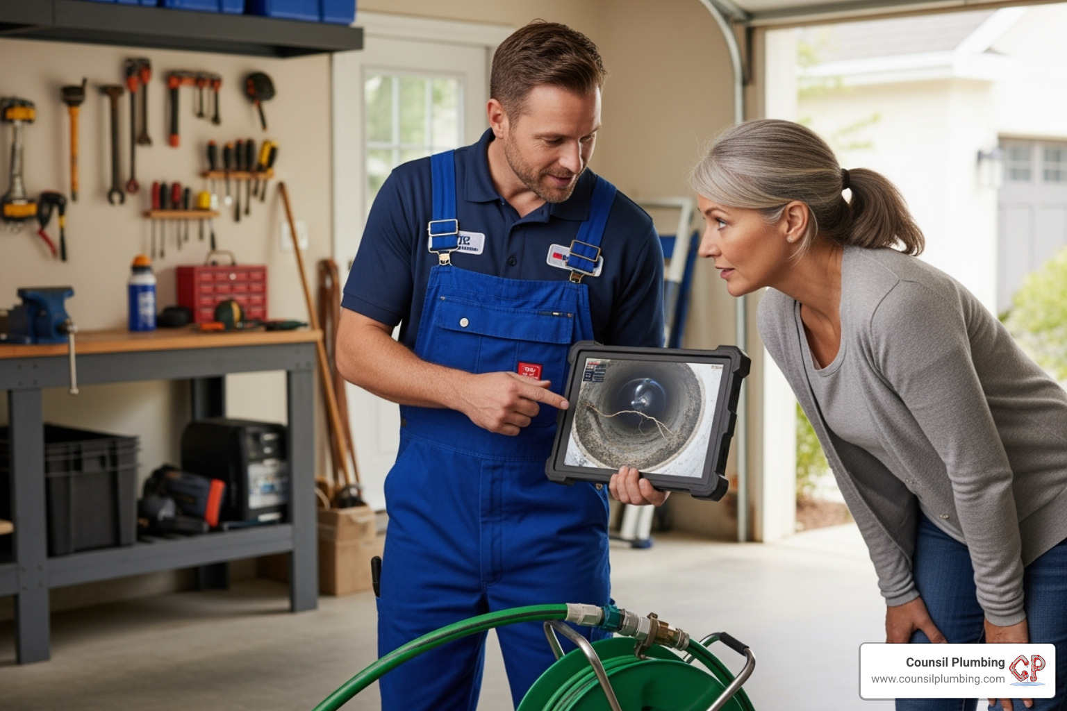 plumber showing a homeowner a video feed on a monitor - sewer line repair Los Gatos plumber showing a homeowner a video feed on a monitor - sewer line repair Los Gatos