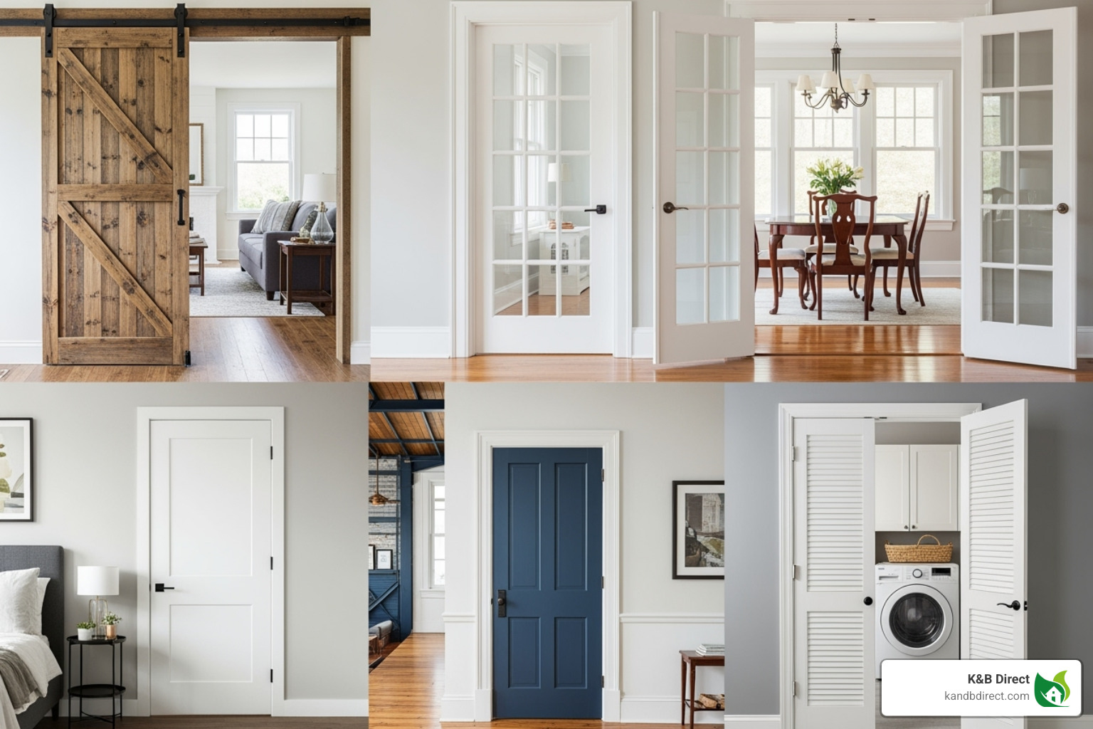 A collage showing different interior door styles like barn, French, and shaker designs, illustrating various door types, construction, panel styles, and how they match home decor - Interior doors manual keywords A collage showing different interior door styles like barn, French, and shaker designs, illustrating various door types, construction, panel styles, and how they match home decor - Interior doors manual keywords