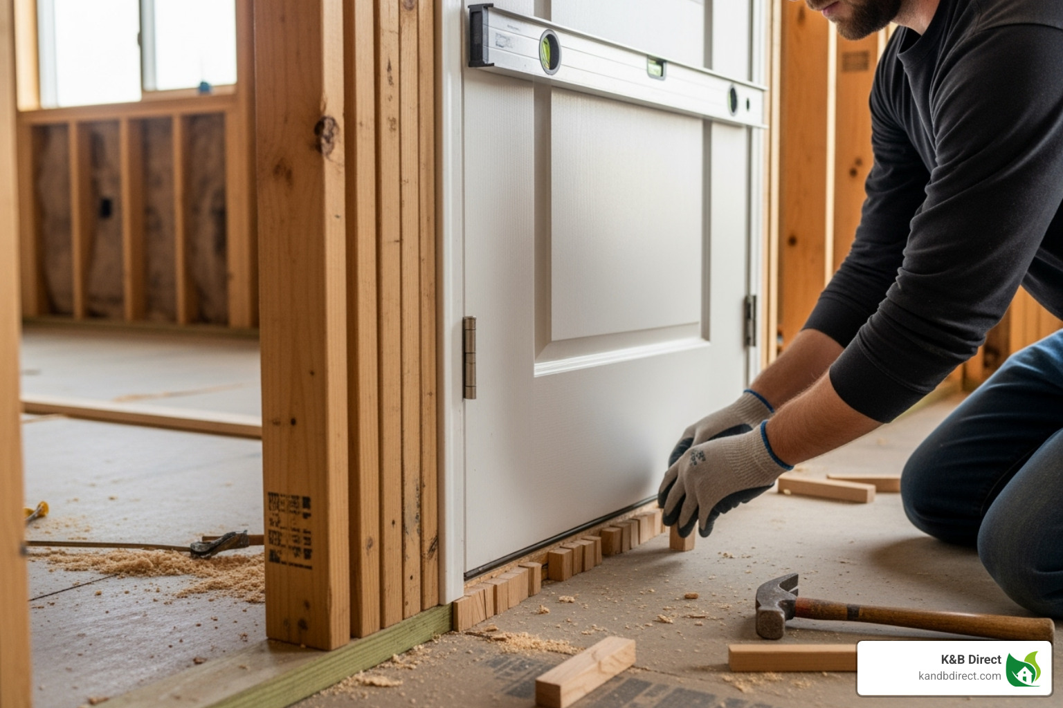 A person carefully placing shims to level a pre-hung door, illustrating the installation process and finishing steps - Interior doors manual keywords A person carefully placing shims to level a pre-hung door, illustrating the installation process and finishing steps - Interior doors manual keywords